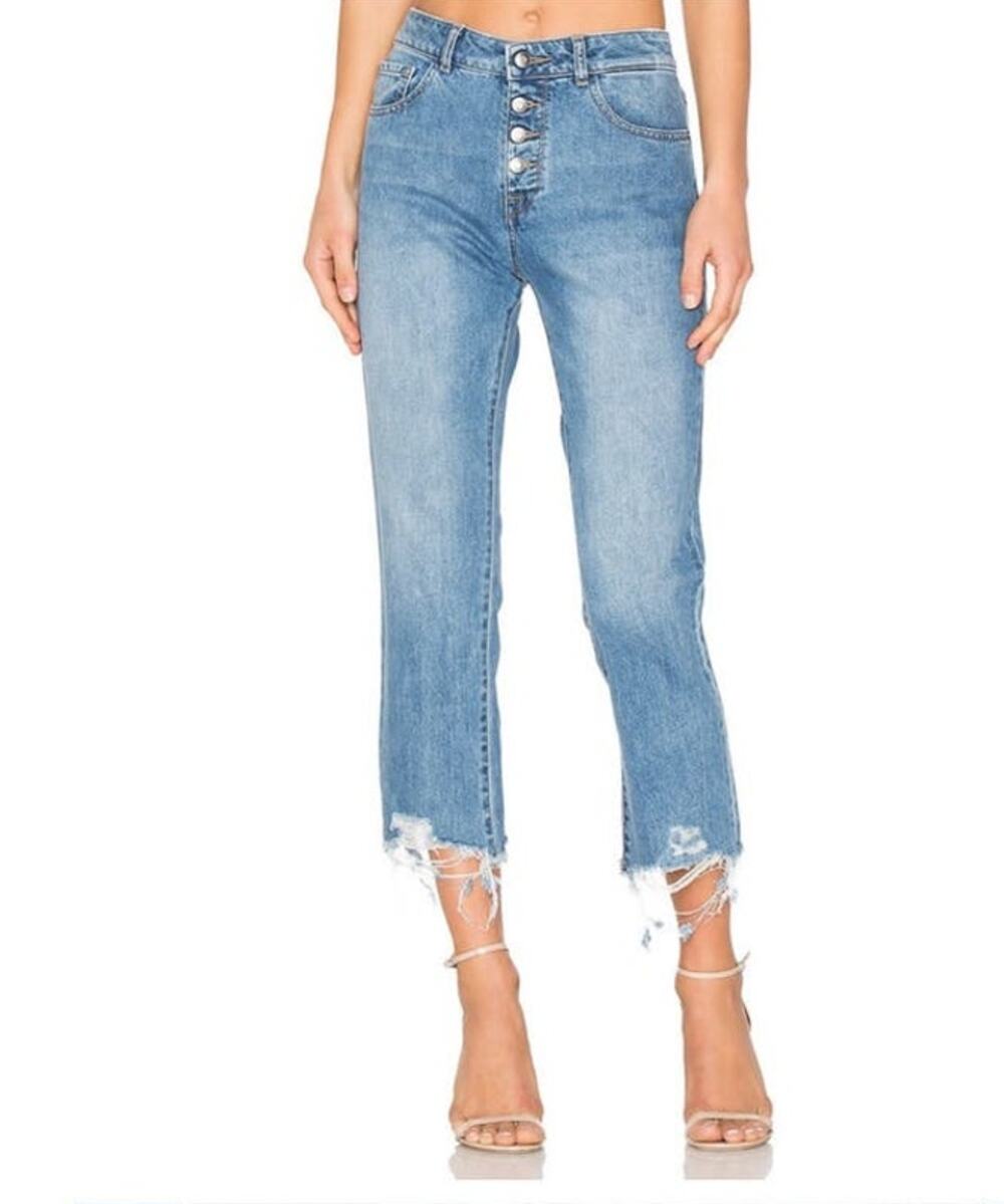 DL1961 Womens Patti High Rise Straight 30 Blue Light Wash Raw Hem Button Fly